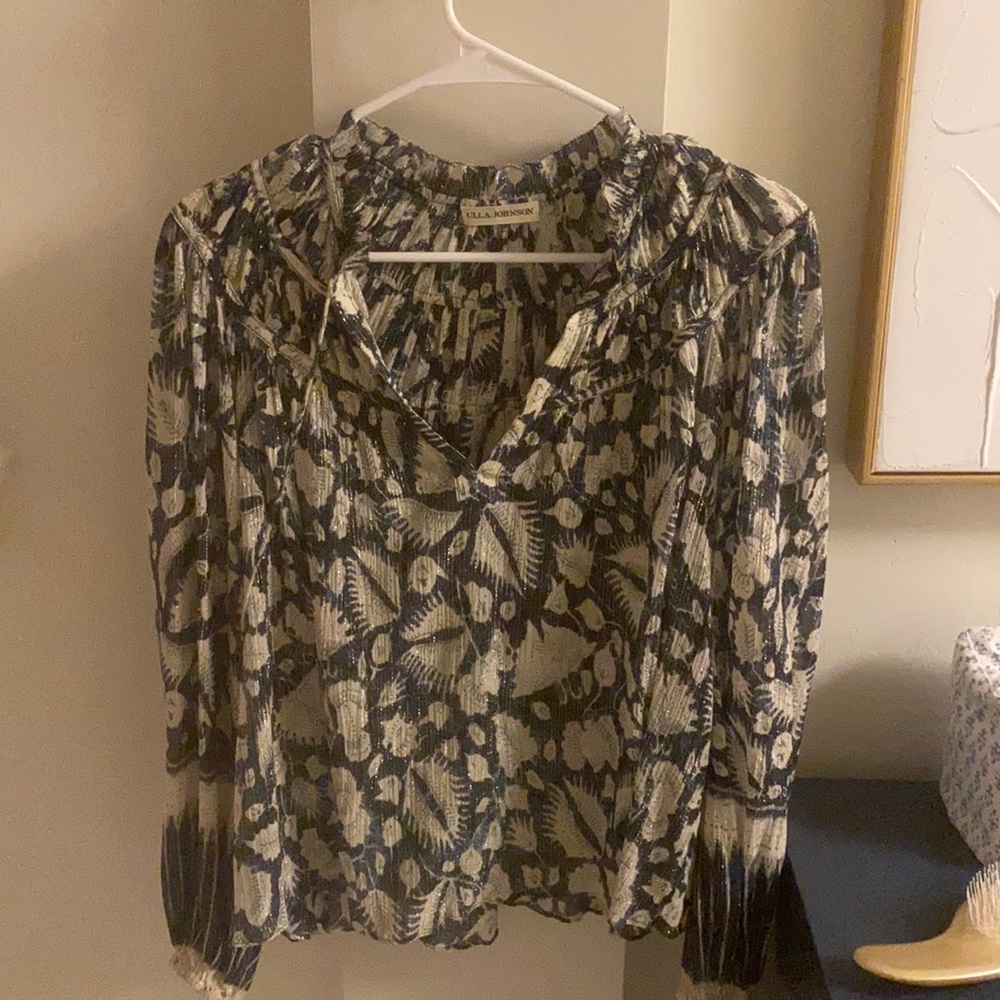 Ulla Johnson | Yulia Blouse Blouson Sleeves Indigo with Metallic Threads Size 2